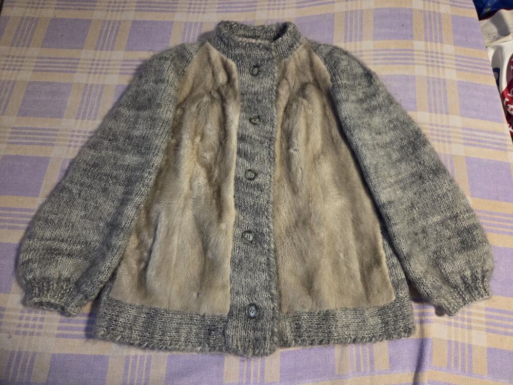 Vintage Wool Knit Fur Button Up Cardigan Sweater Jacket Lined 60s 70s Unique